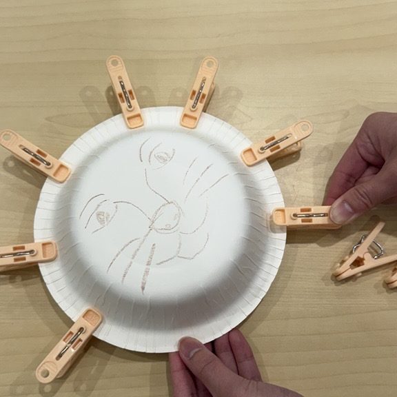 Clothes pegs clipped around a paper plate with a lion face drawn on it to make a lion's mane